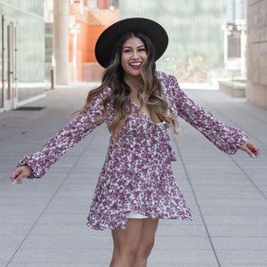 purple long sleeve floral print mini dress